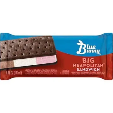 Blue Bunny Big Neapolitan ice cream sandwich with strawberry, vanilla and chocolate layers