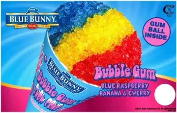 Blue Bunny rainbow snow cone in blue raspberry, banana and cherry with a gum ball inside