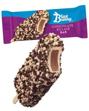 Blue Bunny Chocolate Éclair bar coated in cake crumb