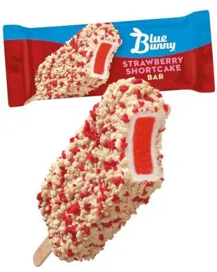 Blue Bunny Strawberry Shortcake bar coated in strawberry cake crumble