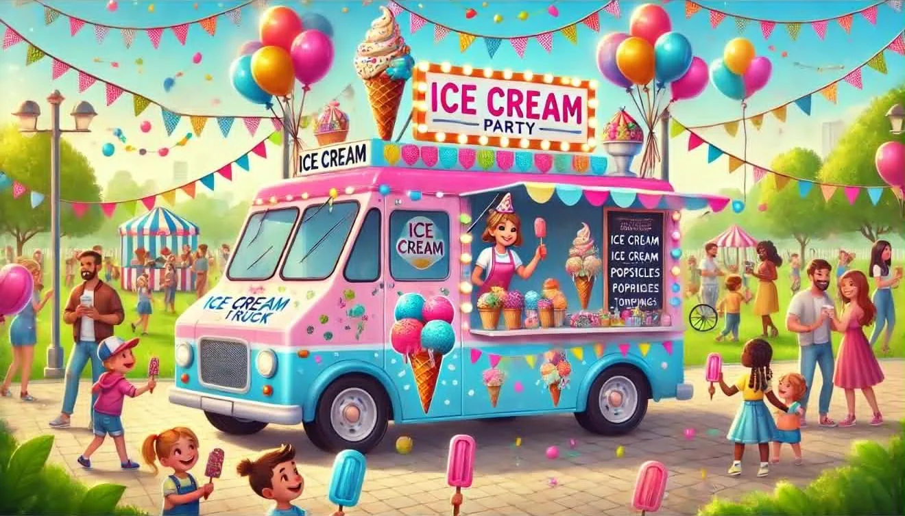 Illustration of an ice cream truck parked at a park party, with bunting, balloons and children holding ice creams